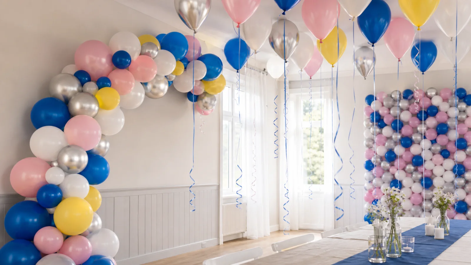 Inomhusdekoration med ballonggirlang, takballonger och ballongvägg