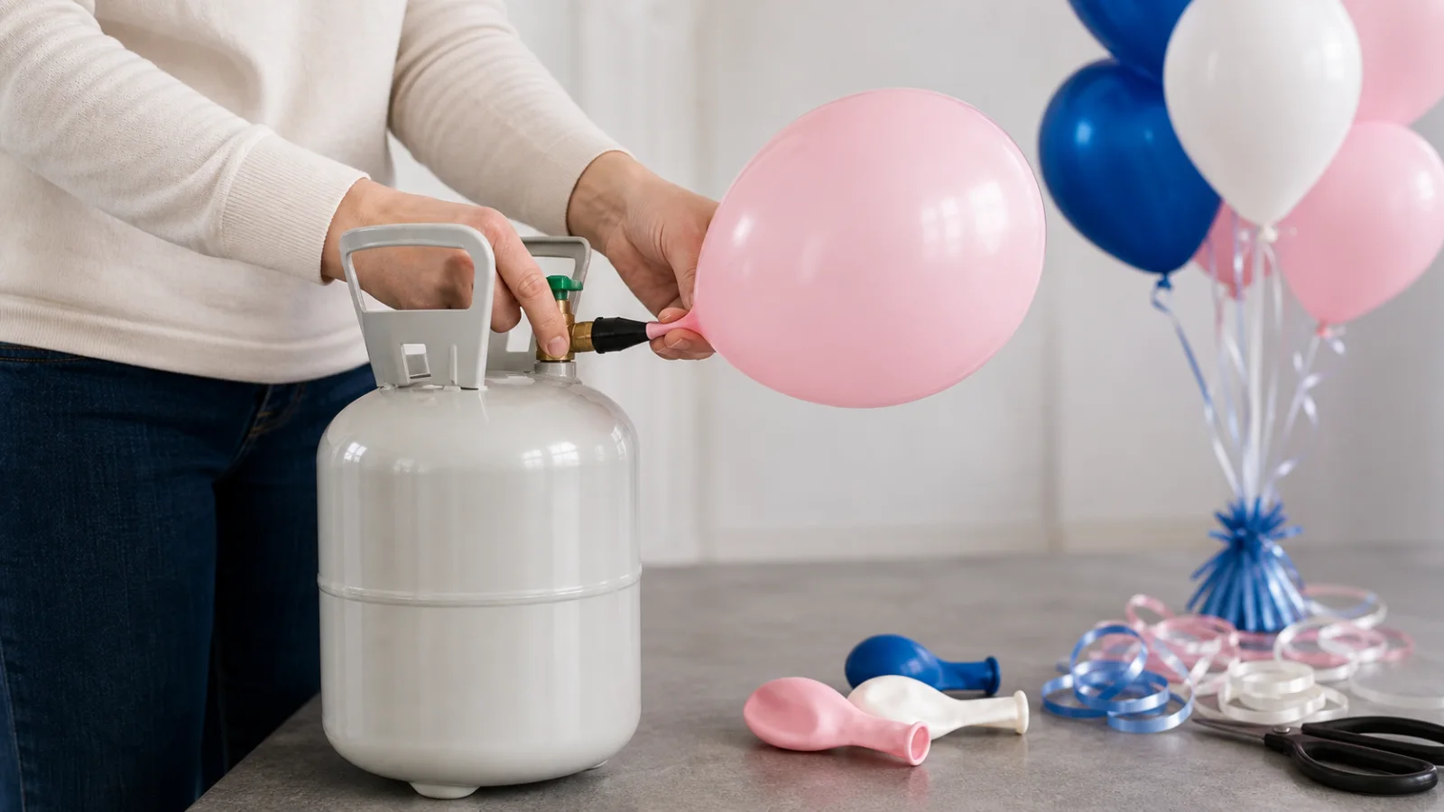 Vuxna händer fyller en latexballong från munstycket på en upprätt heliumtub
