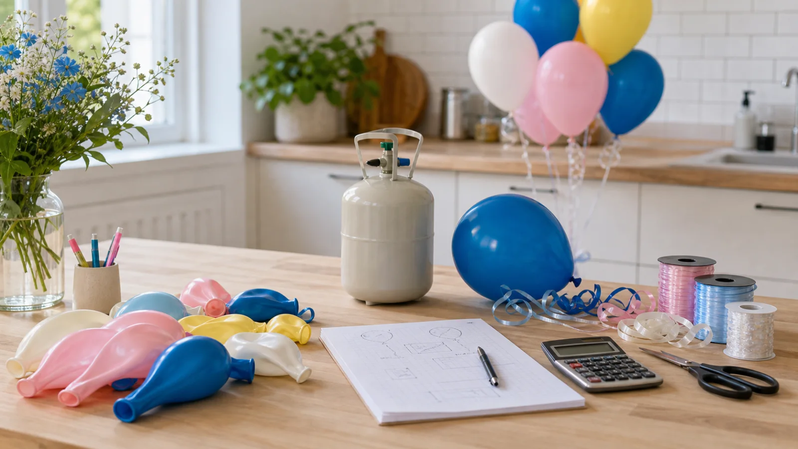 Heliumtub, ballonger, snören och kalkylblad på ett bord inför en fest