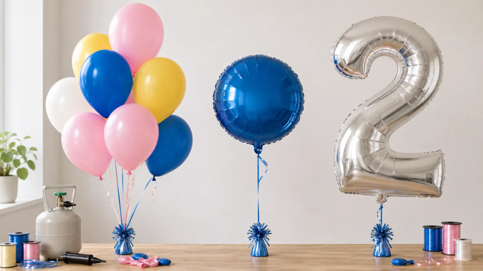 Latexballonger, rund folieballong och sifferballong förankrade med ballongvikter
