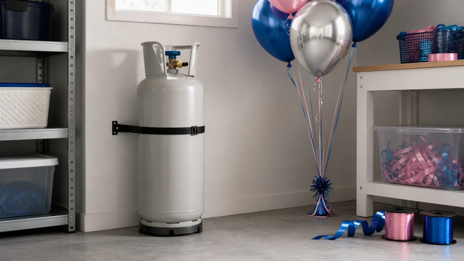 Heliumtub som står upprätt och säkrad bredvid förankrade ballonger